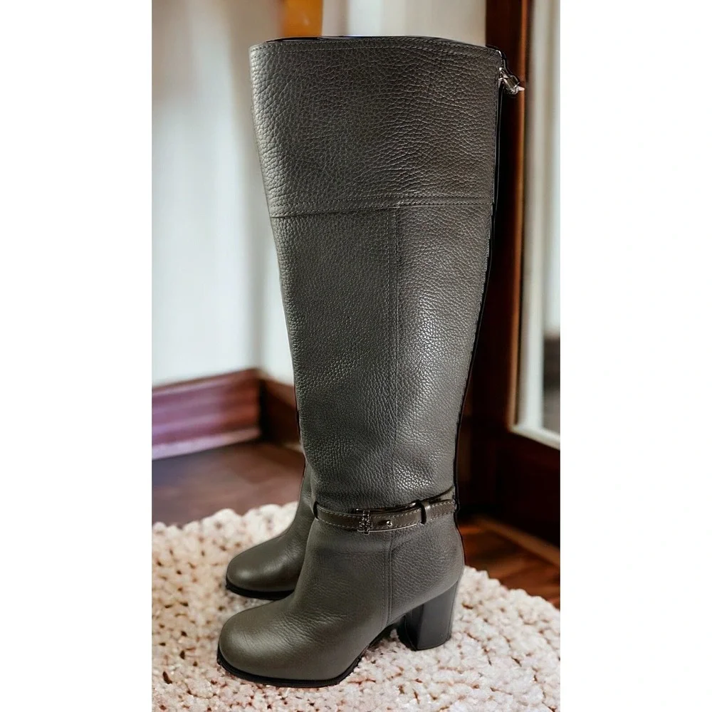 Tory Burch Pebbled Leather Zip Tall Block Heel Buckle Boots Gray 6M Quiet Luxury